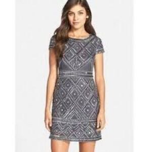 Adrianna Papell women’s Smoke Diamond Check Beaded Mesh Sheath mini Dress sz 6